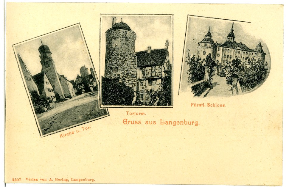 05207-Langenburg-1904-Kirche und Tor, Torturm, Fürstliches Schloß-Brück & Sohn Kunstverlag