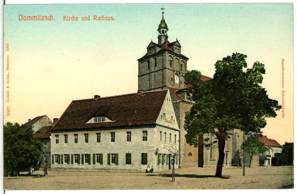 05691-Dommitzsch-1905-Kirche und Rathaus-Brück & Sohn Kunstverlag