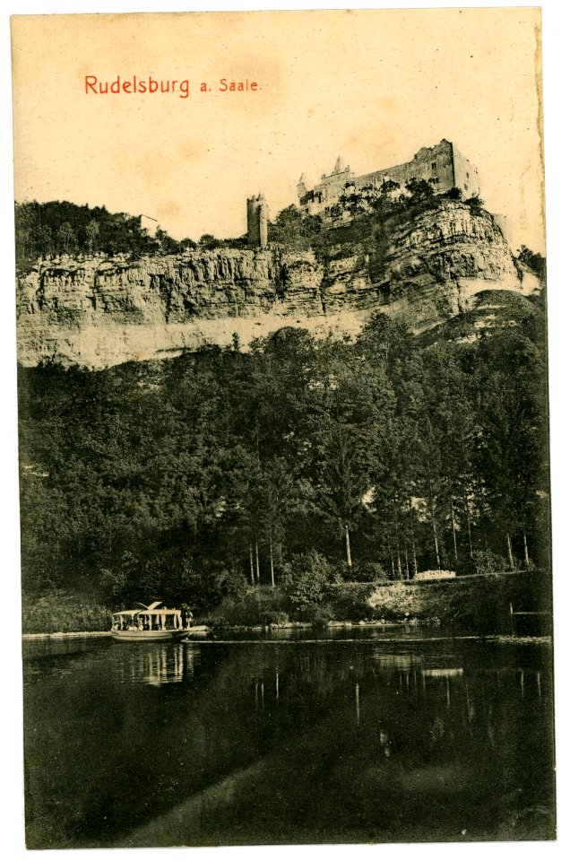 06141-Rudelsburg-1905-Saale mit Boot und Rudelsburg-Brück & Sohn Kunstverlag