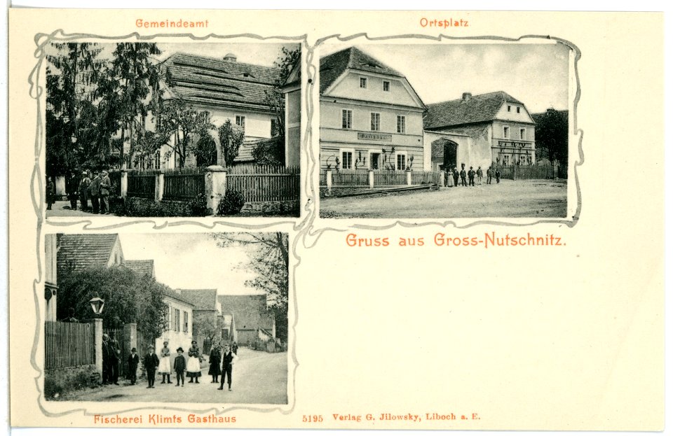 05195-Groß Nutschnitz-1904-Gemeindeamt, Ortsplatz, Fischerei Klimts Gasthaus-Brück & Sohn Kunstverlag