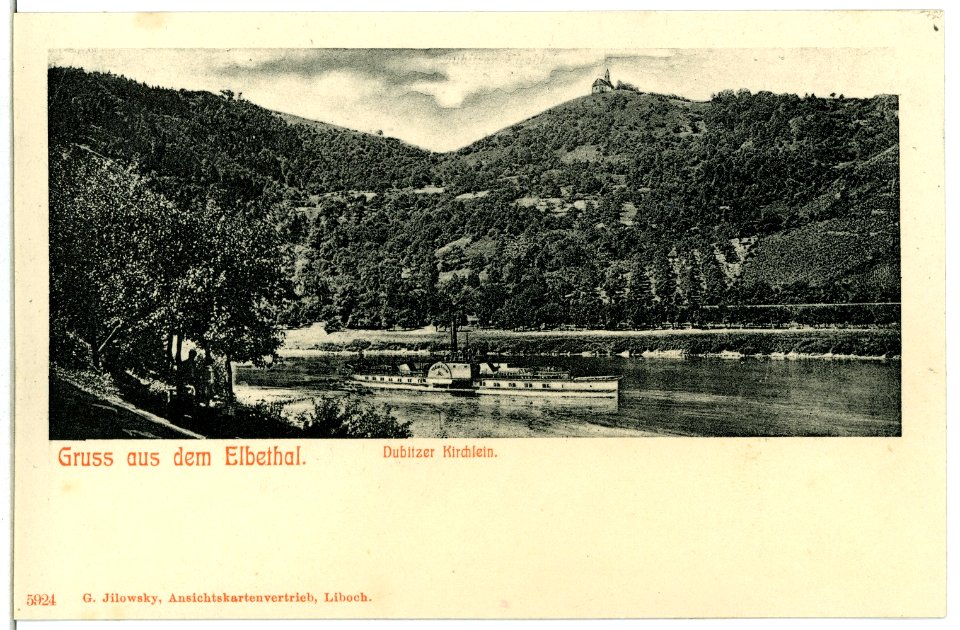05924-Dubitz-1905-Elbe mit Dampfer und Dubitzer Kirchlein-Brück & Sohn Kunstverlag