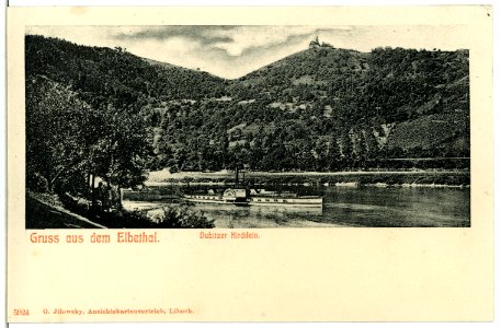 05924-Dubitz-1905-Elbe mit Dampfer und Dubitzer Kirchlein-Brück & Sohn Kunstverlag