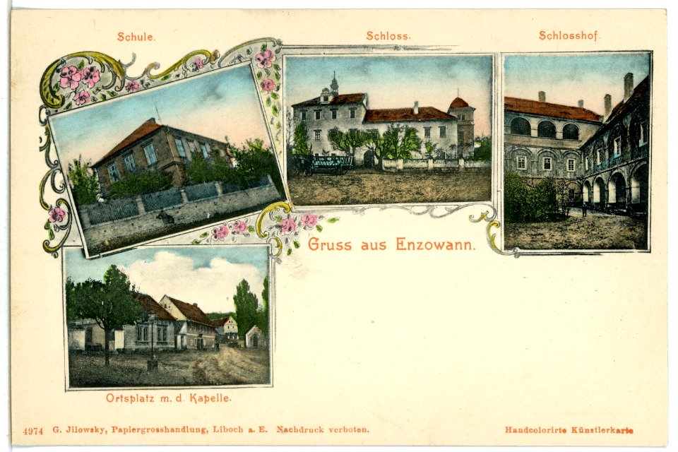 04974-Enzowann-1903-Schule, Schloß Ortsplatz mit die Kapelle-Brück & Sohn Kunstverlag