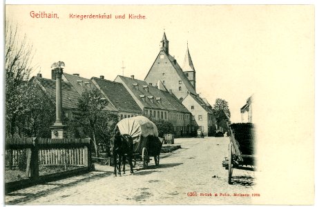 06261-Geithain-1905-Kirche, Kriegerdenkmal, Pferd mit Planwagen-Brück & Sohn Kunstverlag