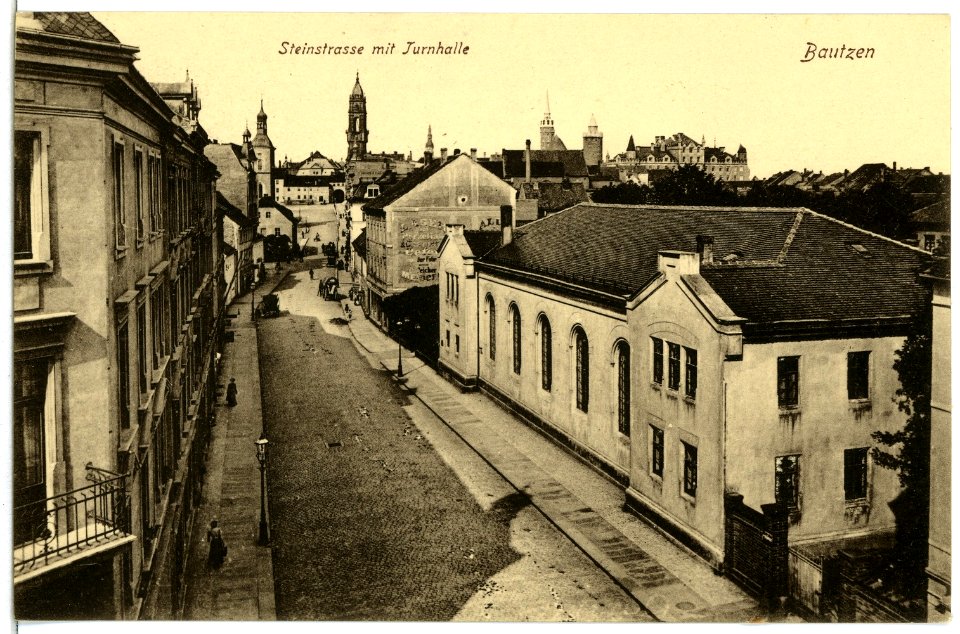 04989-Bautzen-1903-Steinstraße mit Turnhalle-Brück & Sohn Kunstverlag