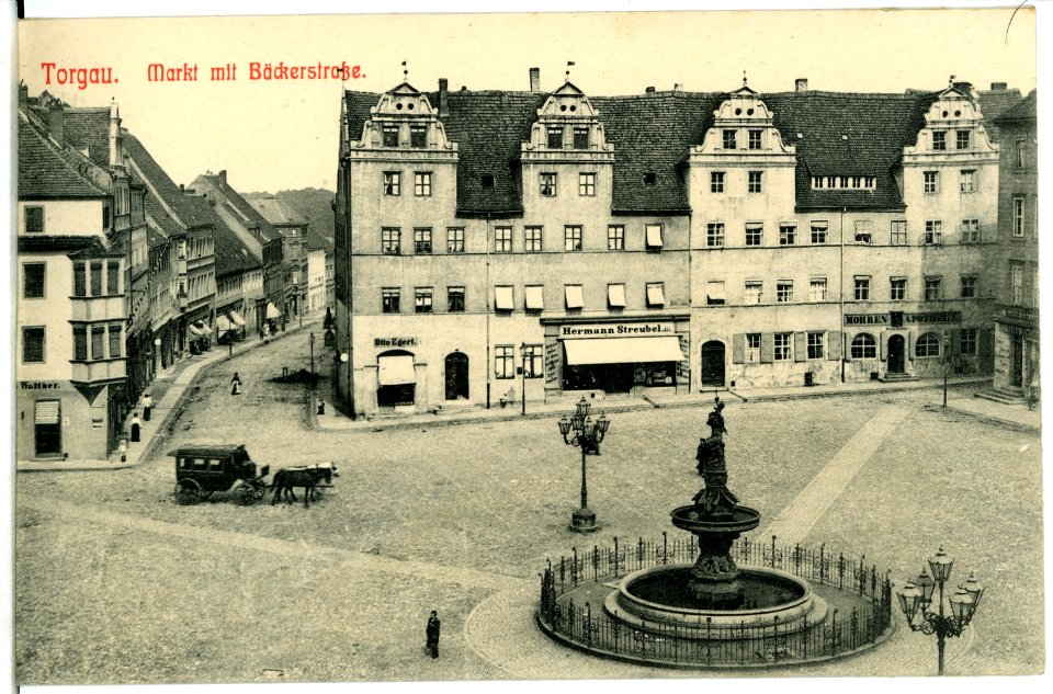05391-Torgau-1904-Markt mit Bäckerstraße und Pferdewagen-Brück & Sohn Kunstverlag