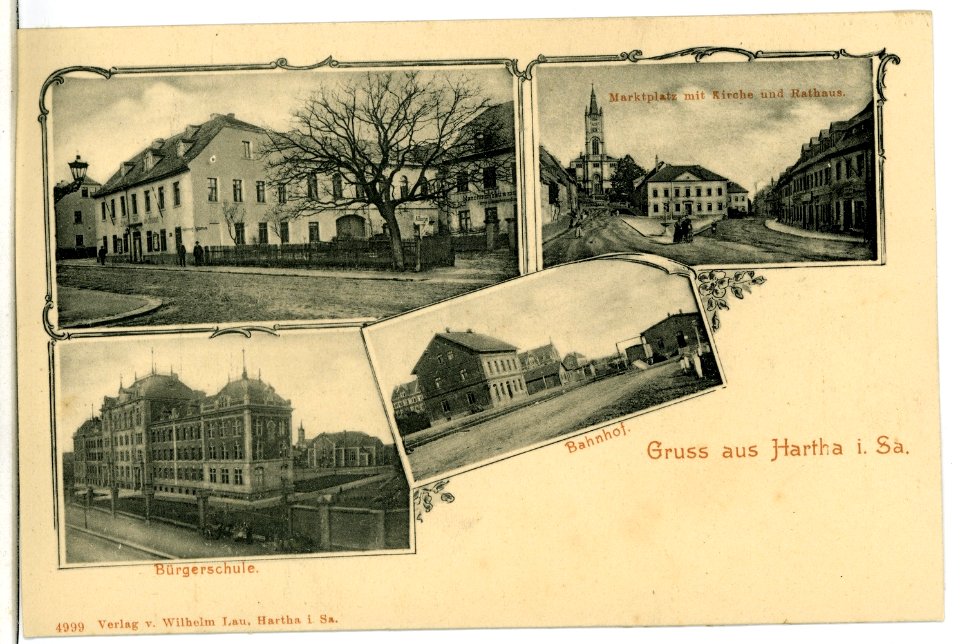 04999-Hartha-1903-Bürgerschule, Marktplatz mit Kirche und Rathaus-Brück & Sohn Kunstverlag
