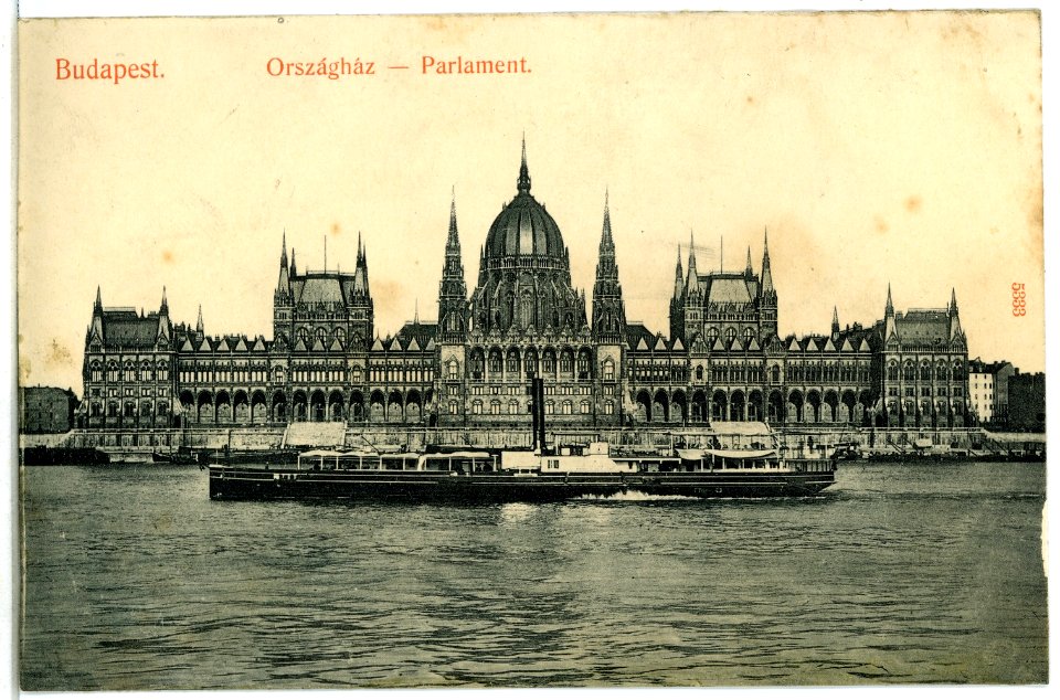 05333-Budapest-1904-Parlament mit Donau und Dampfschiff-Brück & Sohn Kunstverlag