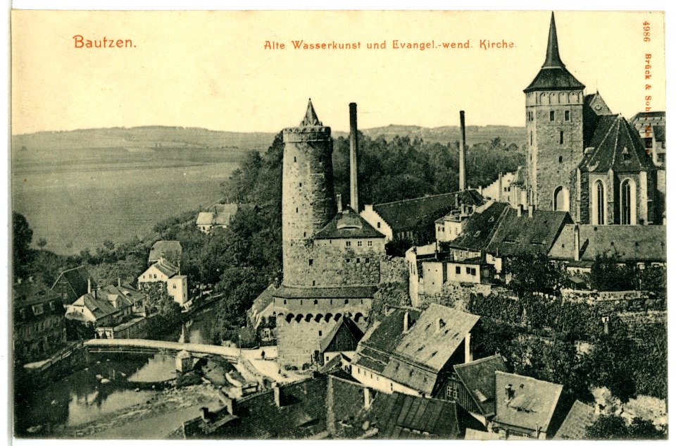 04986-Bautzen-1903-Alte Wasserkunst und Wendisch-Evangelische Kirche-Brück & Sohn Kunstverlag