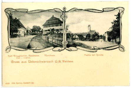 04893-Unterschwarzach-1903-Kirche, Pfarrhaus, Kaufmann Bruggbacher-Brück & Sohn Kunstverlag