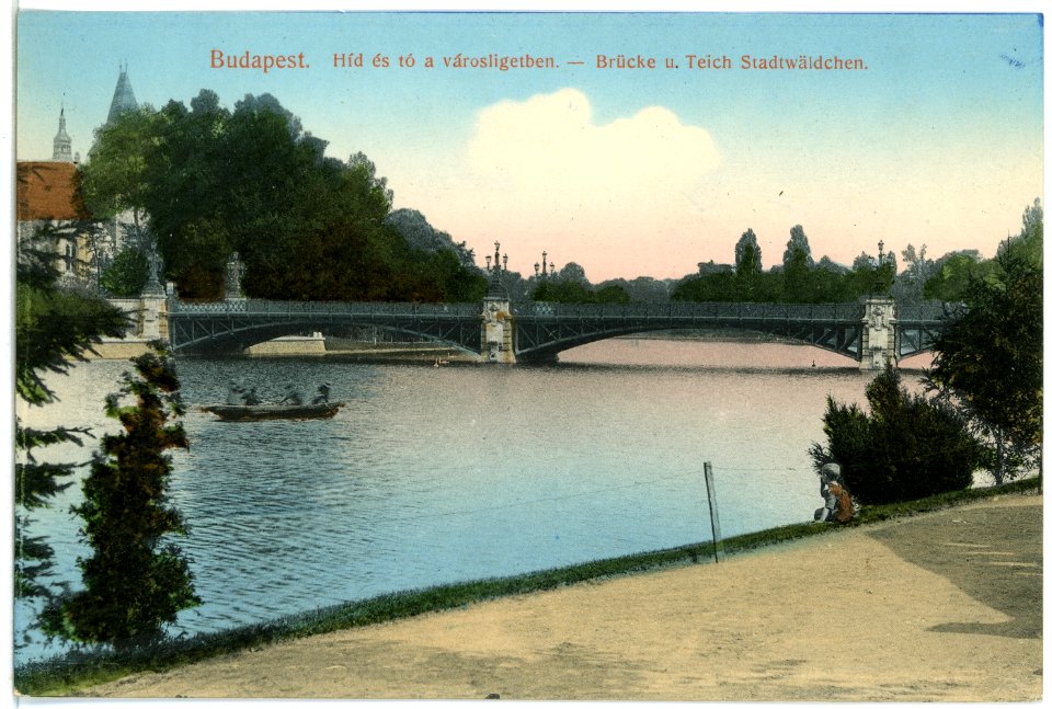 05326-Budapest-1904-Brücke und Teich im Stadtwäldchen-Brück & Sohn Kunstverlag