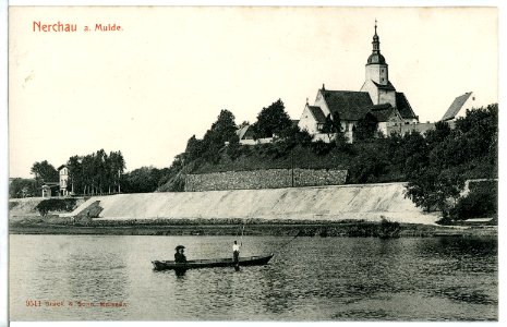 09511-Nerchau-1908-Blick über die Mulde mit Boot nach Nerchau-Brück & Sohn Kunstverlag