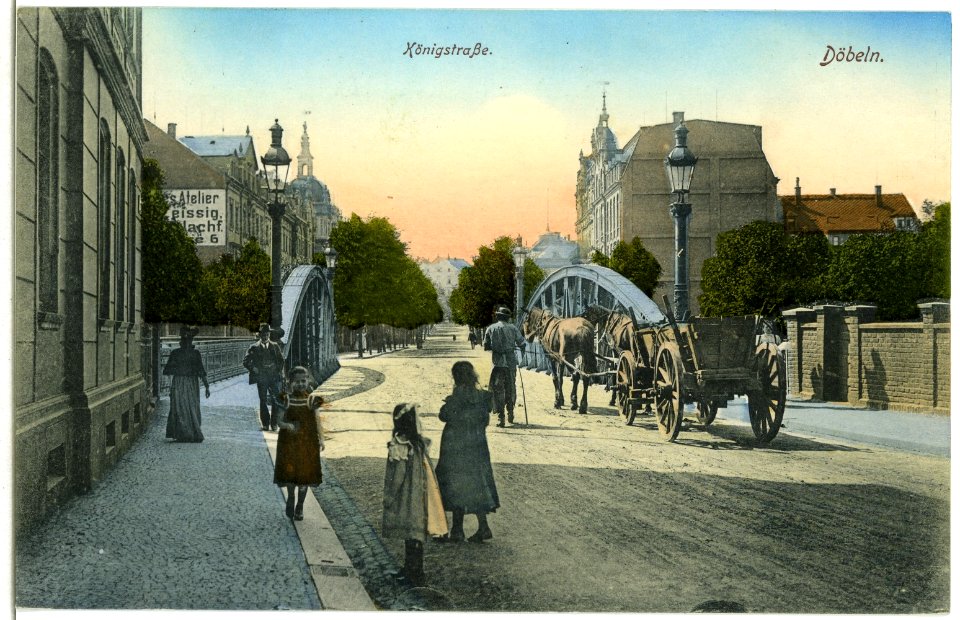 04955-Döbeln-1903-Königstraße mit Pferdefuhrwerk-Brück & Sohn Kunstverlag