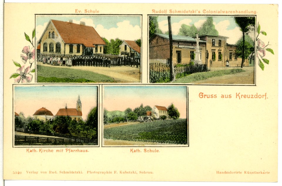 05340-Kreuzdorf-1904-Schulen, Kirche und Pfarrhaus, Colonialwarenhandlung-Brück & Sohn Kunstverlag