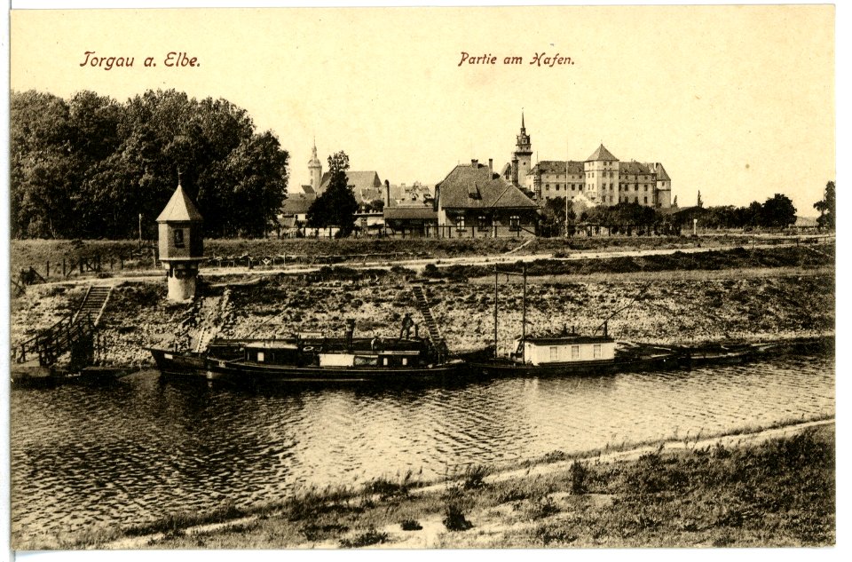 05079-Torgau-1904-Blick vom Hafen mit Fähre nach der Stadt-Brück & Sohn Kunstverlag