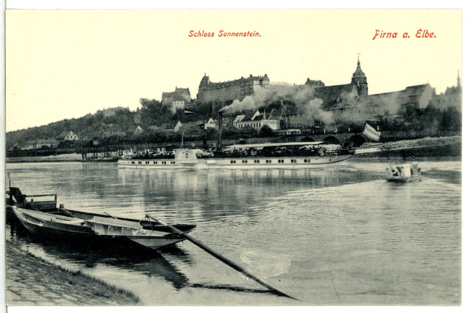 13560-Pirna-1911-Schloß Sonnenstein - Elbe mit Dampfer Aussig-Brück & Sohn Kunstverlag