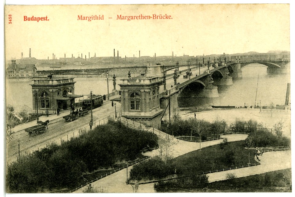 05458-Budapest-1904-Margarethenbrücke mit Straßenbahn und Fuhrwerken-Brück & Sohn Kunstverlag