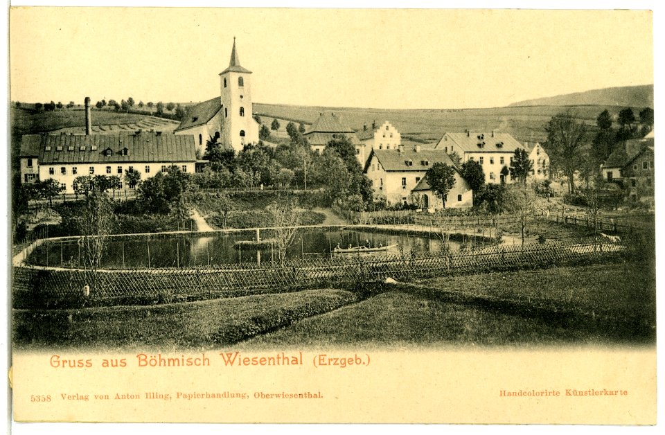 05358-Wiesental-1904-Blick über den Gondelteich zur Kirche-Brück & Sohn Kunstverlag