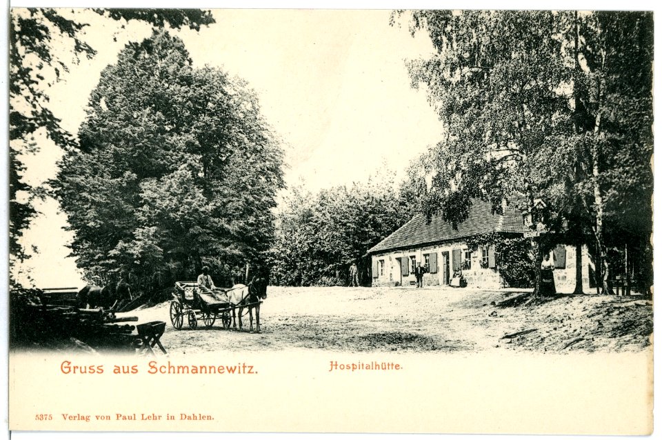 05375-Schmannewitz-1904-Hospitalhütte mit Pferdefuhrwerk-Brück & Sohn Kunstverlag