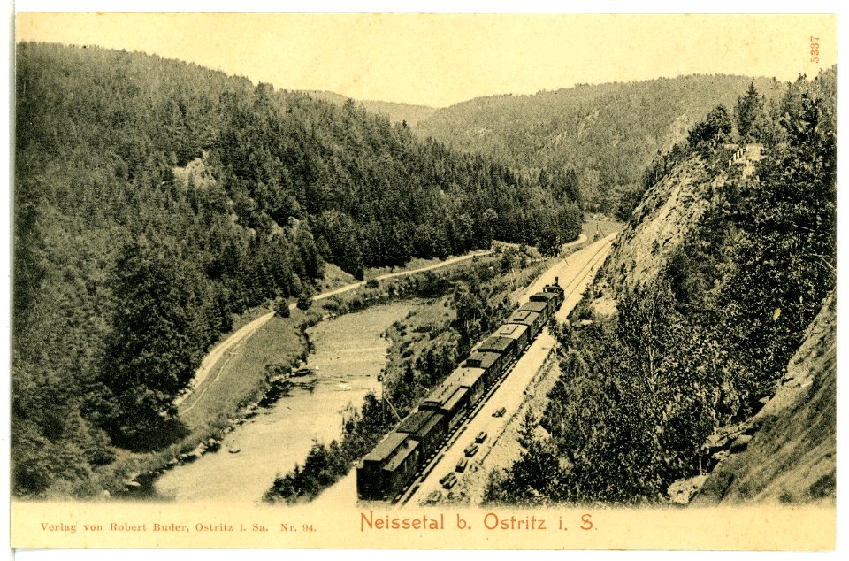 05337-Ostritz-1904-Neißetal und Eisenbahnzug-Brück & Sohn Kunstverlag