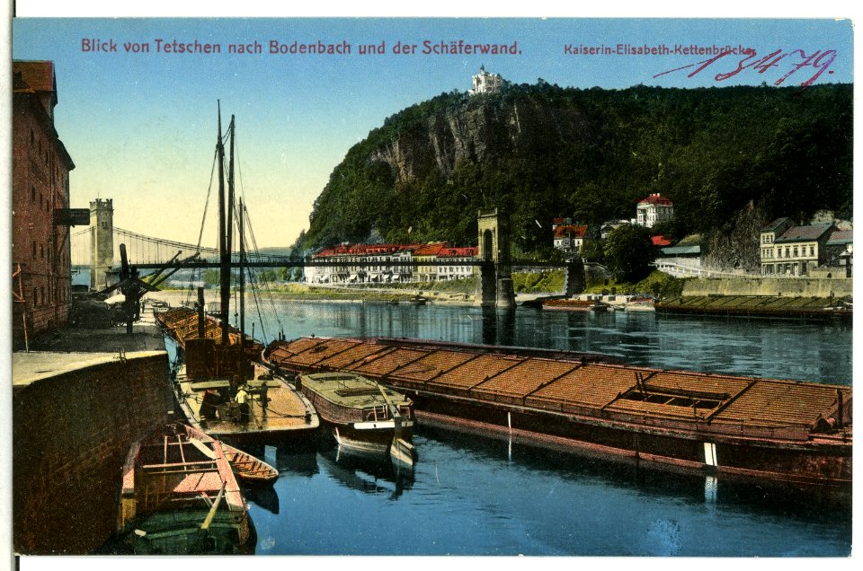 13479-Bodenbach-1911-Schäferwand, Kettenbrücke Elbe mit Lastkahn-Brück & Sohn Kunstverlag