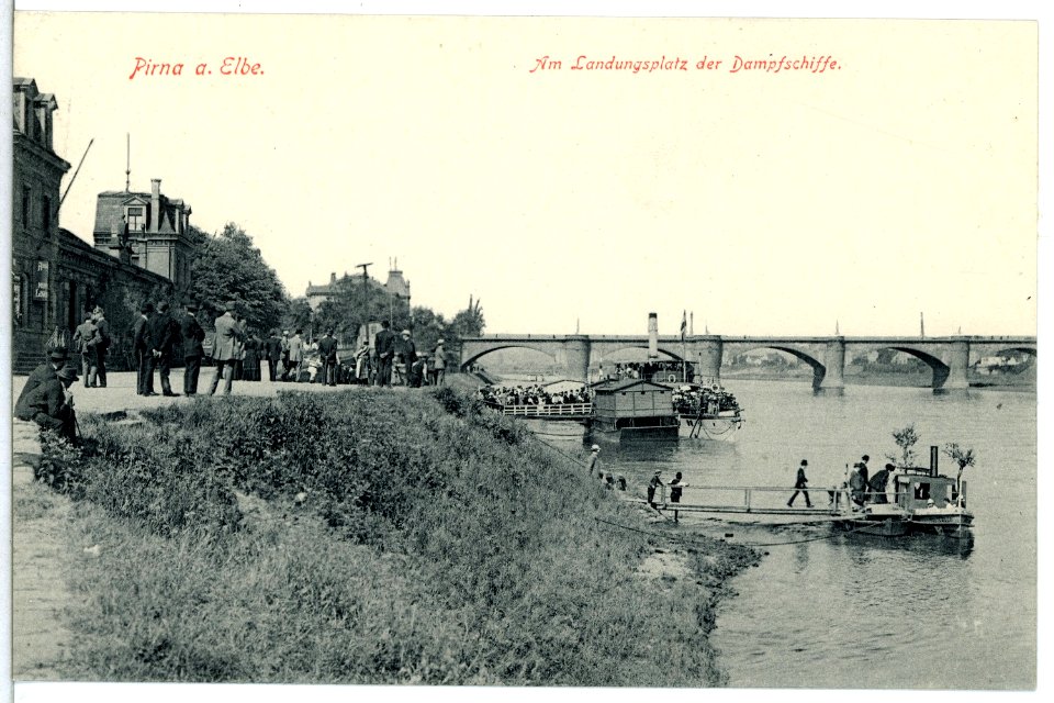 13559-Pirna-1911-Landungsplatz der Damfschiffe und Elbbrücke-Brück & Sohn Kunstverlag