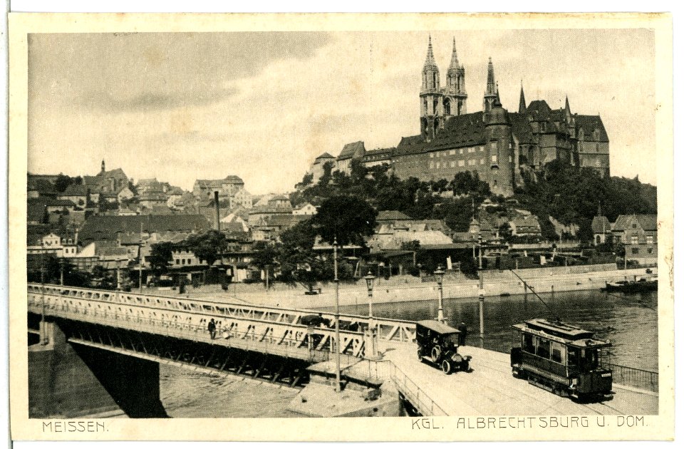 13631-Meißen-1911-Blick über die Brücke mit Straßenbahn und Automobil-Brück & Sohn Kunstverlag