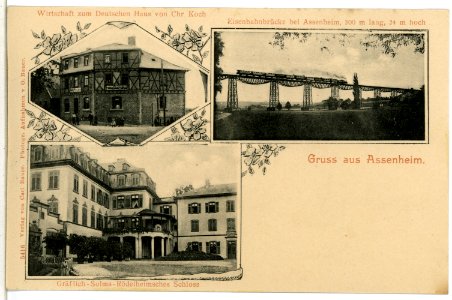 05416-Assenheim-1904-Eisenbahnbrücke, Schloß, Wirtschaft zum Deutschen Haus-Brück & Sohn Kunstverlag