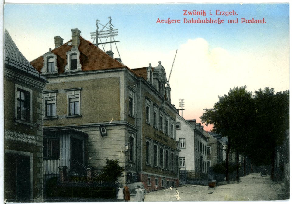 13854-Zwönitz-1912-Äußere Bahnhofstraße und Postamt-Brück & Sohn Kunstverlag