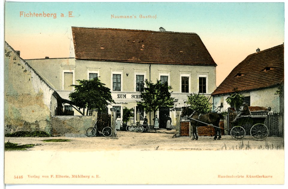 05446-Fichtenberg-1904-Naumanns Gasthof mit Pferdefuhrwerk-Brück & Sohn Kunstverlag