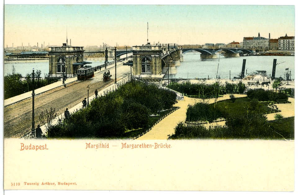05110-Budapest-1904-Margarethen-Brücke mit Straßenbahn, Donau mit Dampfer-Brück & Sohn Kunstverlag