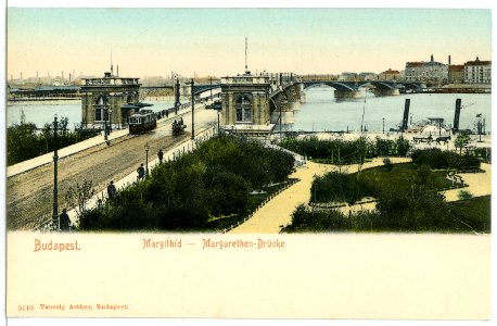 05110-Budapest-1904-Margarethen-Brücke mit Straßenbahn, Donau mit Dampfer-Brück & Sohn Kunstverlag