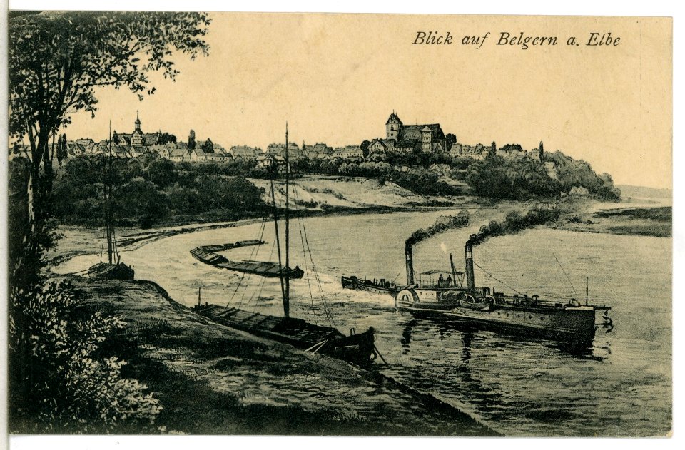 13462-Belgern-1911-Blick auf Belgern und die Elbe mit Schleppzug-Brück & Sohn Kunstverlag