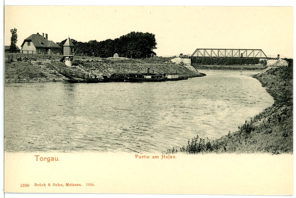05390-Torgau-1904-Hafen mit Brücke und Dampfboot-Brück & Sohn Kunstverlag