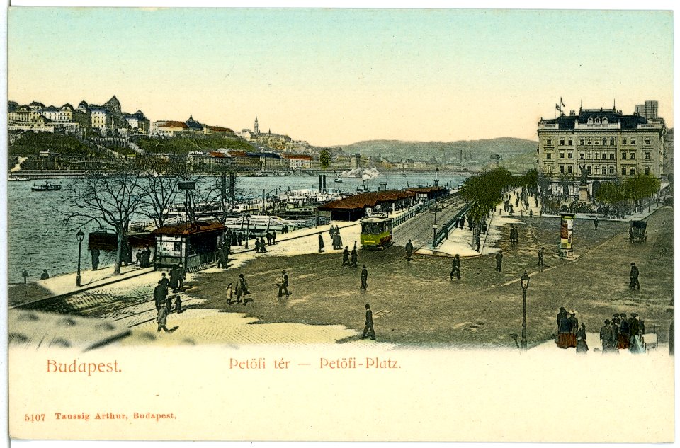 05107-Budapest-1904-Petöfi-Platz mit Straßenbahn, Donau mit Schiffen-Brück & Sohn Kunstverlag