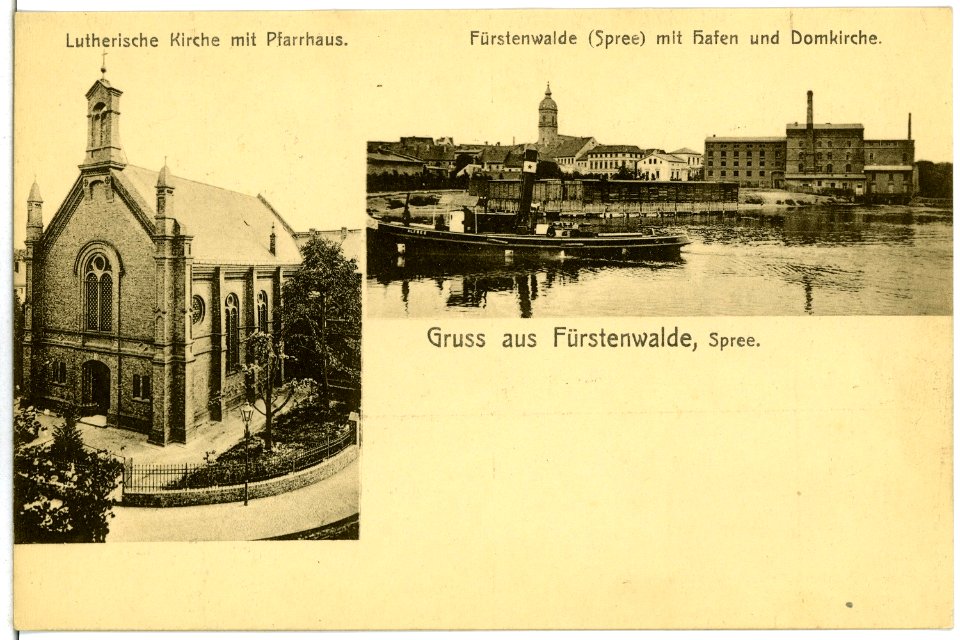05232-Fürstenwalde-1904-Kirche mit Pfarrhaus, Spree mit Hafen und Domkirche-Brück & Sohn Kunstverlag