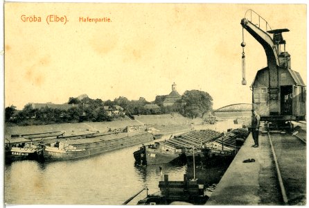 14119-Gröba-1912-Hafen mit Frachtkähnen an der Elbe-Brück & Sohn Kunstverlag