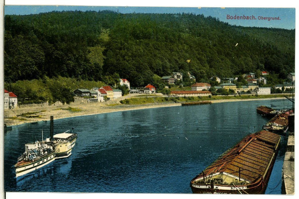 13477-Bodenbach-1911-Obergrund - Elbe mit Dampfer und Schleppkähnen-Brück & Sohn Kunstverlag