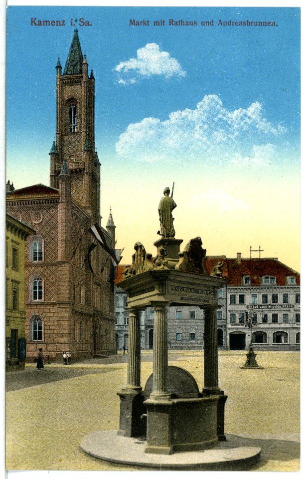 12784-Kamenz-1911-Markt mit Rathaus und Andreasbrunnen-Brück & Sohn Kunstverlag