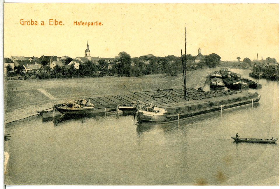 14123-Gröba-1912-Hafen mit Frachtkähnen-Brück & Sohn Kunstverlag