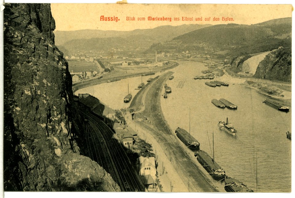 13653-Aussig-1911-Blick vom Marienberg ins Elbtal und auf den Hafen-Brück & Sohn Kunstverlag