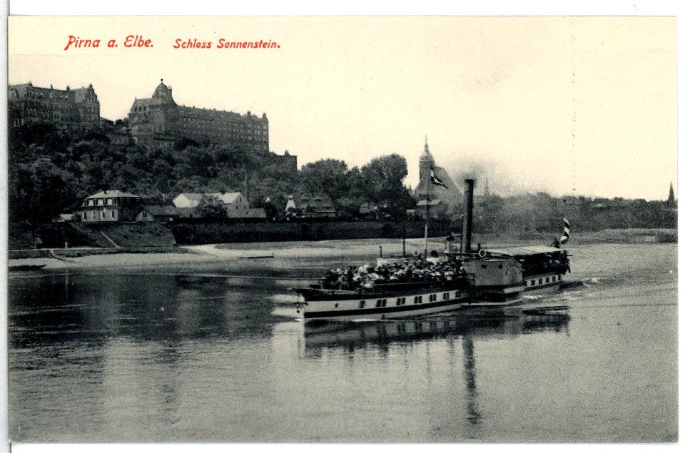13554-Pirna-1911-Schloß Sonnenstein-Elbe mit Dampfer Schandau-Brück & Sohn Kunstverlag