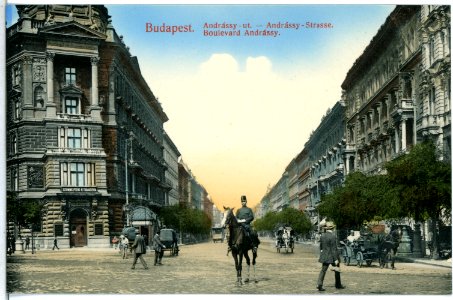 13759-Budapest-1912-Boulevard Andrassy mit Reiter und Pferdewagen-Brück & Sohn Kunstverlag