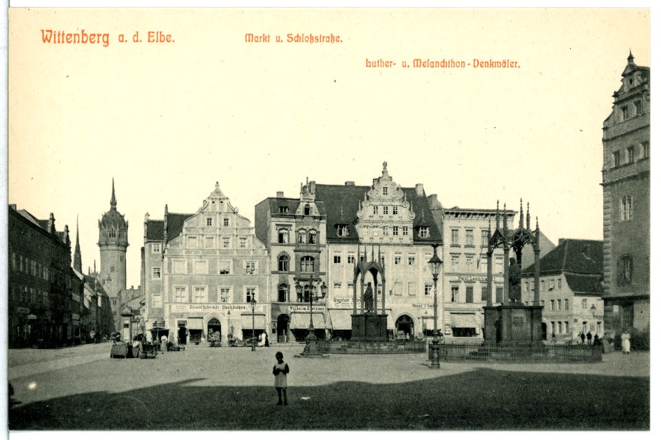 12845-Wittenberg-1911-Markt mit den Denkmälern Luthers und Melanchthons-Brück & Sohn Kunstverlag