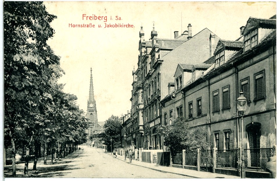 13840-Freiberg-1912-Hornstraße und Jakobikirche-Brück & Sohn Kunstverlag