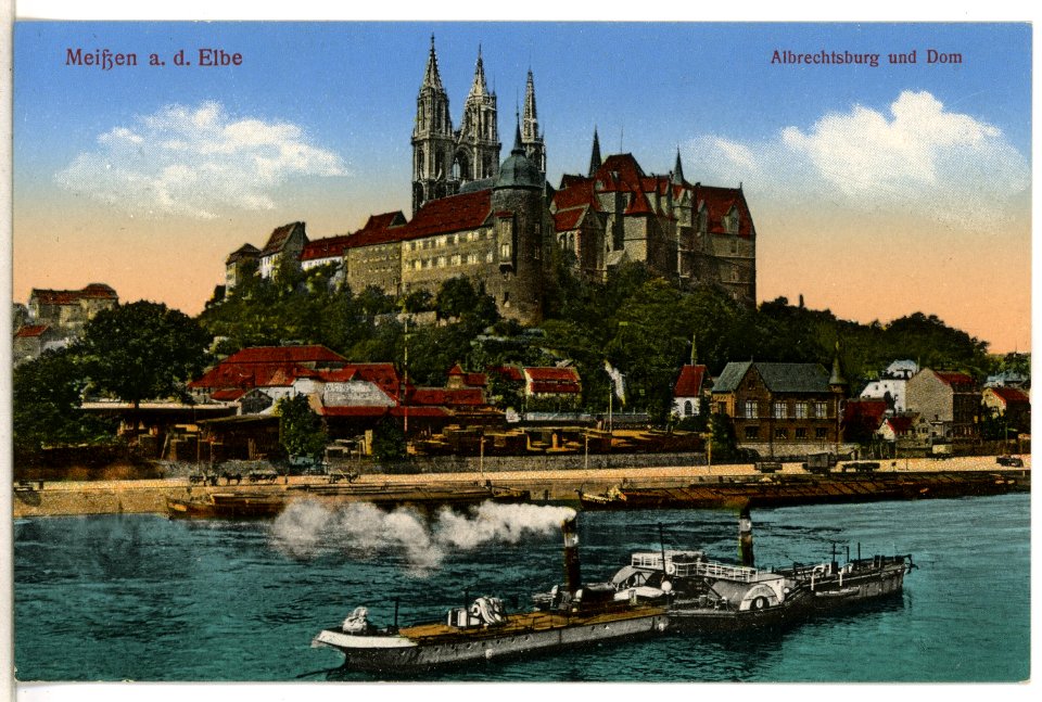 12827-Meißen-1911-Albrechtsburg und Dom - Elbe mit Schlepper-Brück & Sohn Kunstverlag