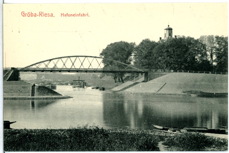 14125-Gröba-1912-Hafeneinfahrt mit Brücke-Brück & Sohn Kunstverlag