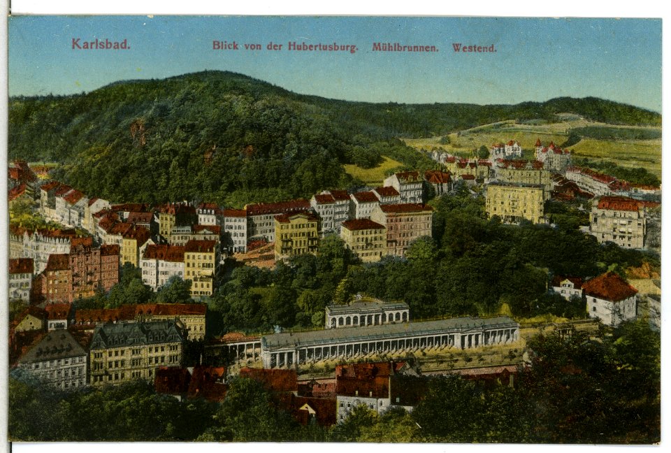 13471-Karlsbad-1911-Mühlbrunnen, Westend, Blick von der Hubertusburg-Brück & Sohn Kunstverlag