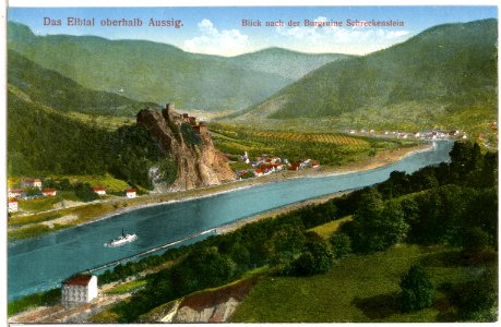 13730-Aussig-1912-Elbtal mit Burgruine Schreckenstein-Brück & Sohn Kunstverlag