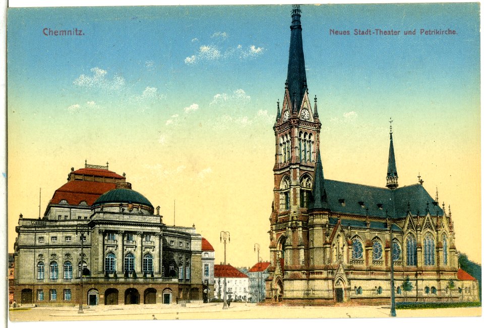 14352-Chemnitz-1912-Neues Stadttheater und Petrikirche-Brück & Sohn Kunstverlag